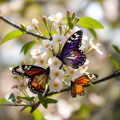 The primary subject of the image is a group of butterflies perched on a tree branch. The setting is an outdoor environment with a tree and flowers in the background. The visual style is a photo of the butterflies on the tree branch. The colors and mood of the image are vibrant and lively, with the butterflies being the main focus of the scene.